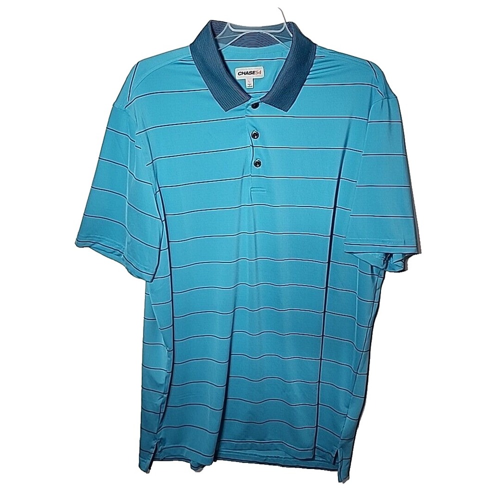 Chase 54 Polo Shirt Large L Blue Black Striped Stretch Golfer Casual Men's